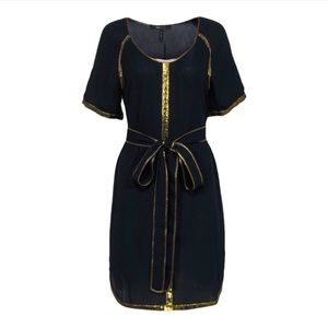 BCBG Max Azria Black and Gold Trim Shift Dress With Adjustable Tie Belt